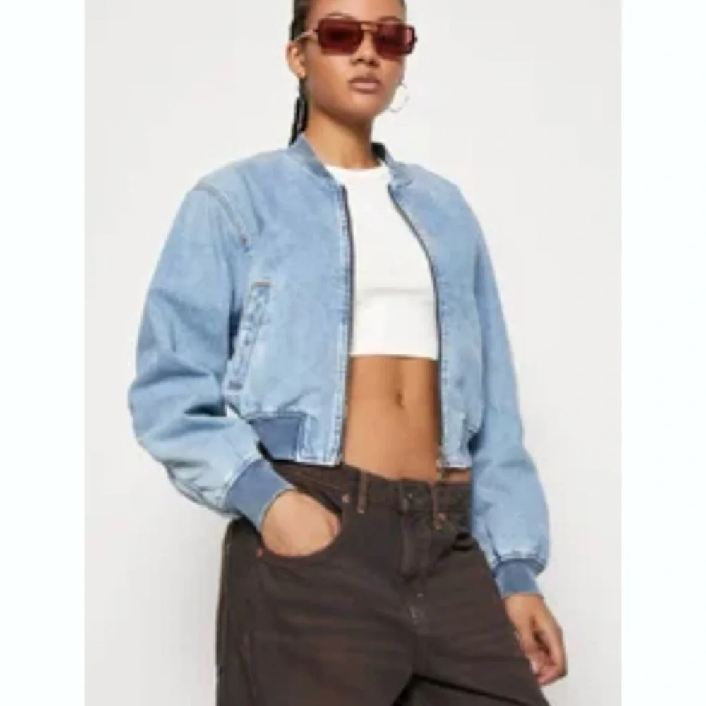 New Refuge Denim Pilot Bomber Sun Faded Boyfriend Jacket Grunge Casual Y2K NWT‎